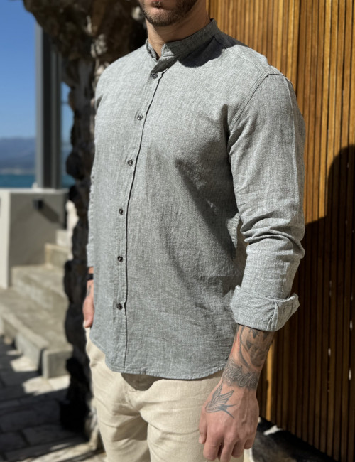 Ανδρικό λινό χακί πουκάμισο με μάο γιακά 9663X