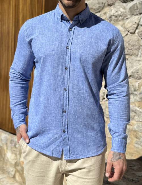 Ανδρικό λινό μπλε ανοιχτό πουκάμισο με γιακά 9631B