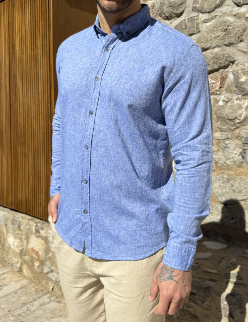 Ανδρικό λινό μπλε ανοιχτό πουκάμισο με γιακά 9631B