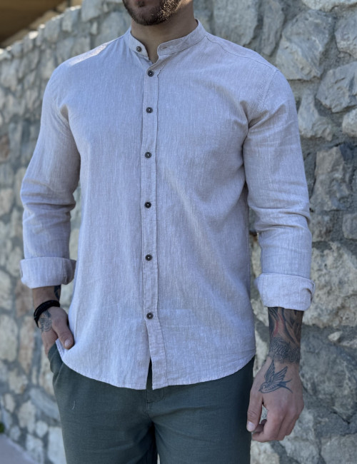 Ανδρικό λινό σκούρο μπεζ πουκάμισο με μάο γιακά 9663P