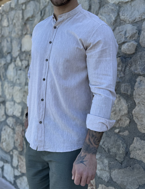 Ανδρικό λινό σκούρο μπεζ πουκάμισο με μάο γιακά 9663P