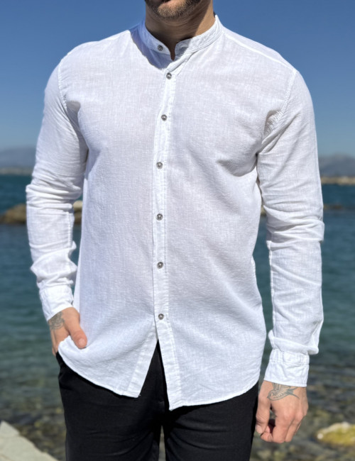 Ανδρικό λινό λευκό πουκάμισο με μάο γιακά 9663