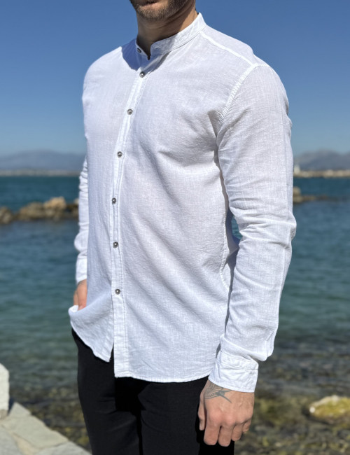 Ανδρικό λινό λευκό πουκάμισο με μάο γιακά 9663