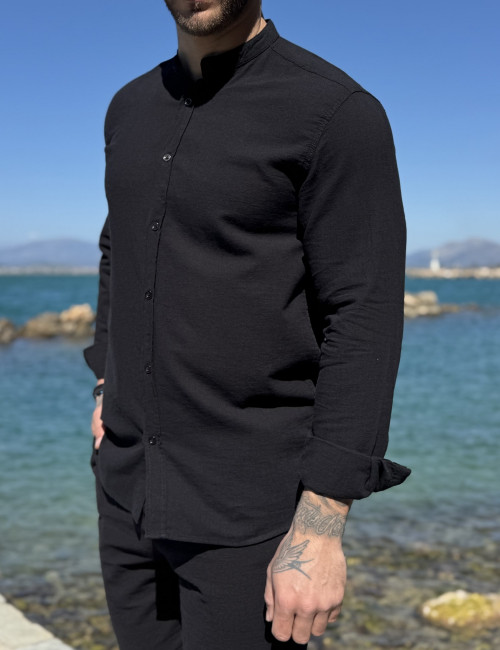 Ανδρικό λινό μαύρο πουκάμισο με μάο γιακά 9663M