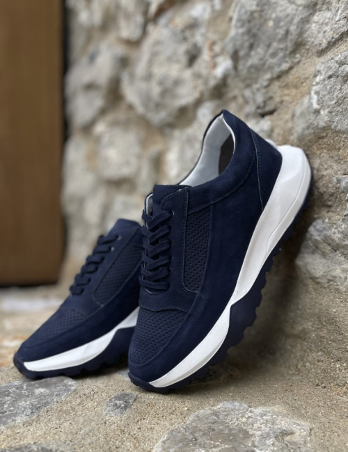 Ανδρικά μπλε δερμάτινα casual Sneakers με λευκή σόλα HG175545B