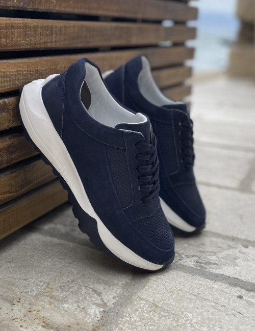 Ανδρικά μπλε δερμάτινα casual Sneakers με λευκή σόλα HG175545B
