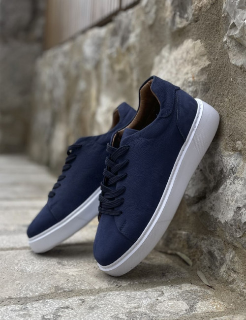 Ανδρικά μπλε δερμάτινα casual sneakers HG175544