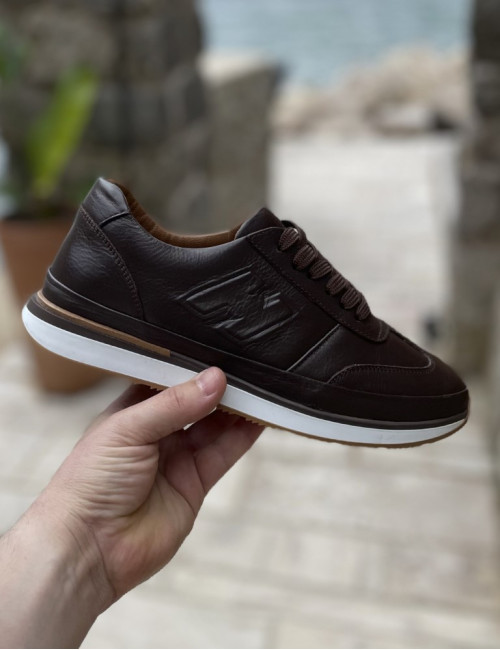 Ανδρικά καφέ δερμάτινα casual Sneakers με ανάγλυφο σχέδιο HG175543K