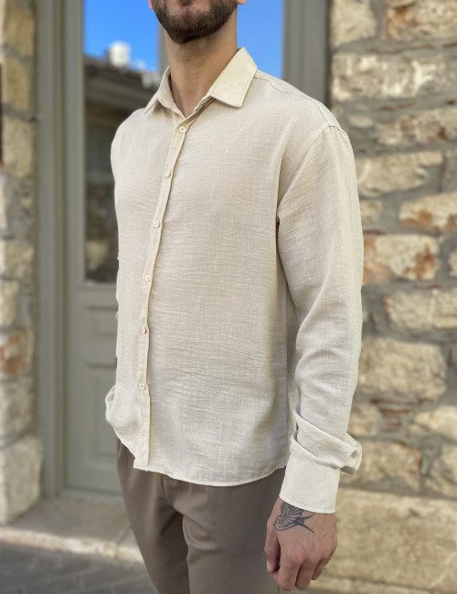 Ανδρικό εκρού γκοφρέ Overshirt με γιακά RMZ579