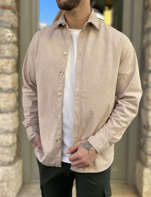 Ανδρικό μπεζ κοτλέ Overshirt με γιακά RMZ470B