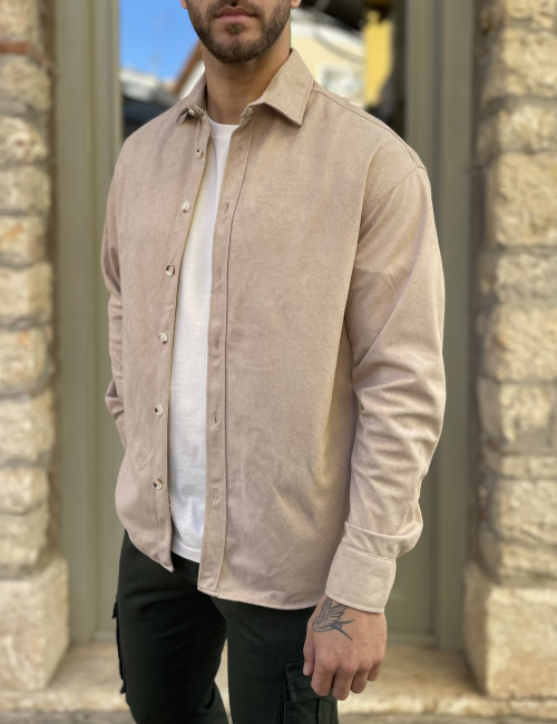 Ανδρικό μπεζ κοτλέ Overshirt με γιακά RMZ470B