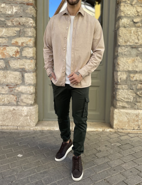 Ανδρικό μπεζ κοτλέ Overshirt με γιακά RMZ470B