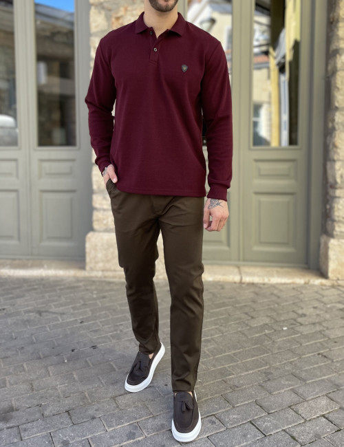 Everbest Ανδρική μπορντό Polo μακρυμάνικη μπλούζα Plus size 261032