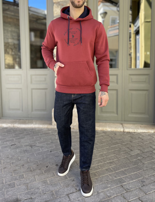 Everbest ανδρικό κόκκινο φούτερ με τύπωμα και κουκούλα 261009R
