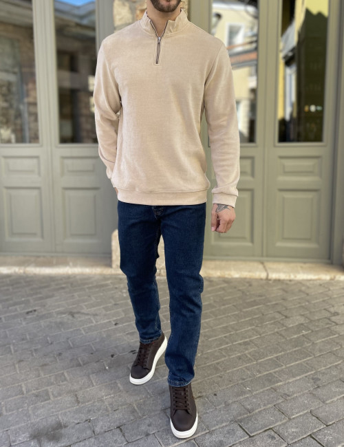 Ανδρικό μπεζ πουλόβερ μονόχρωμο με γιακά και φερμουάρ 4477B