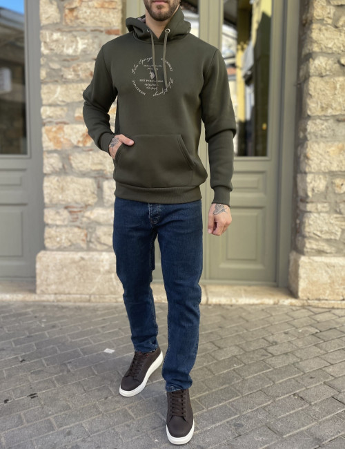 Everbest ανδρικό χακί φούτερ με τύπωμα και κουκούλα 261009