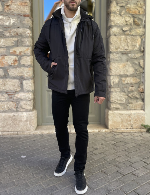 Ανδρικό μαύρο μπουφάν με κουκούλα και τσέπες D3134