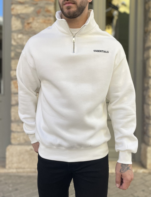 Ανδρικό λευκό φούτερ με μισό φερμουάρ και λογότυπο στο στήθος ES26003W