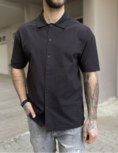 Marrakech ανδρικό μαύρο βαμβακερό oversized κοντομάνικο πουκάμισο GML2098