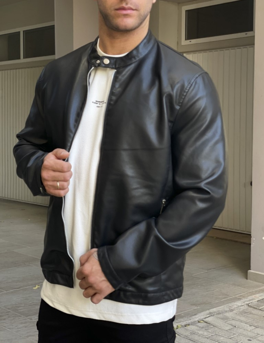 Bread and Buttons ανδρικό μαύρο Jacket από δερματίνη με μάο γιακά G12317