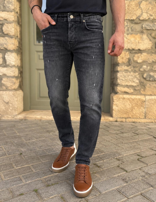 Ανδρικό Slim ανθρακί με φθορές τζιν παντελόνι πεντάτσεπο με κουμπιά 3LN624