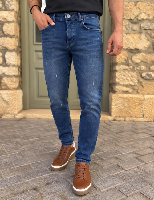 Ανδρικό Slim μπλε με φθορές τζιν παντελόνι πεντάτσεπο με κουμπιά 3LN641