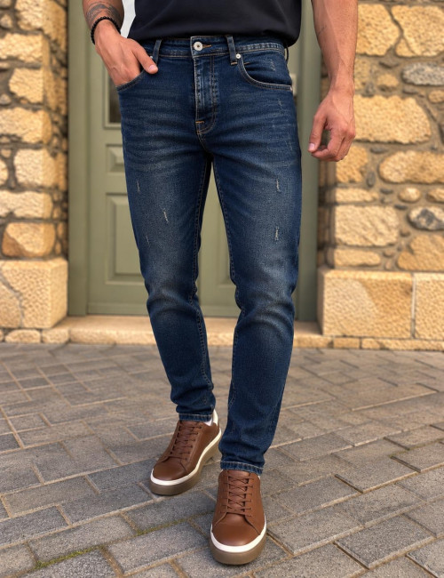 Ανδρικό Slim μπλε ξεβαμμένο με φθορές τζιν παντελόνι πεντάτσεπο με κουμπιά 3LN685