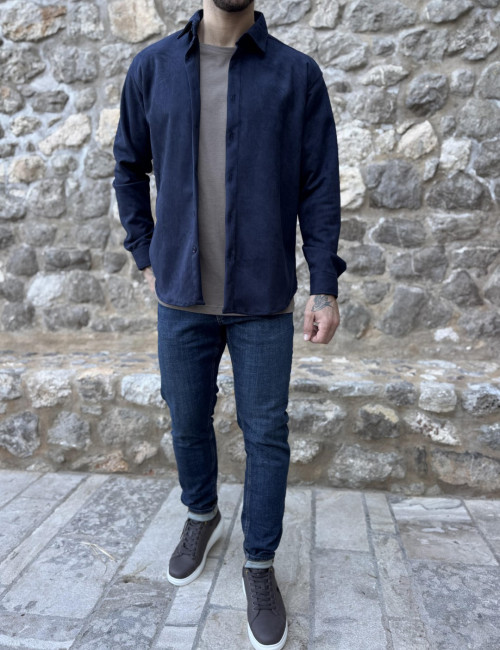 Ανδρικό βαμβακερό μπλε navy σουέτ Overshirt SH26900B