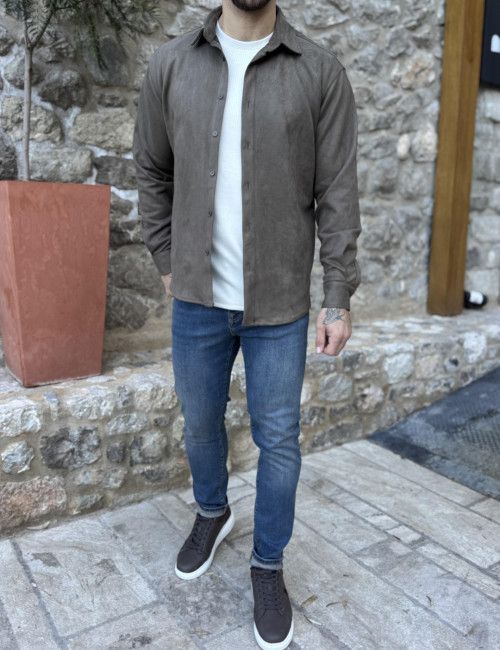 Ανδρικό βαμβακερό χακί σουέτ Overshirt SH26900X