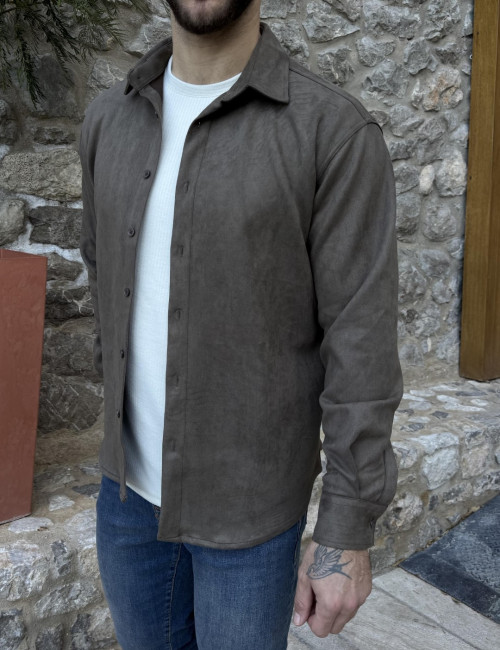 Ανδρικό βαμβακερό χακί σουέτ Overshirt SH26900X