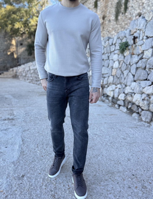 Ανδρικό ανθρακί με φθορές slim τζιν παντελόνι ελαστικό GB5825