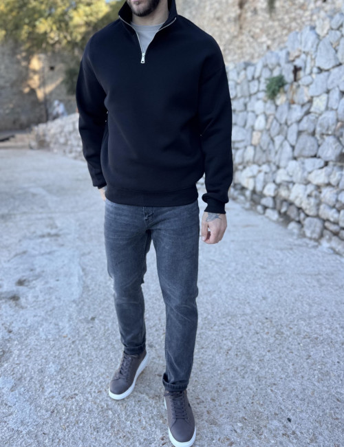 Ανδρικό μαύρο φούτερ με μισό φερμουάρ ES001M