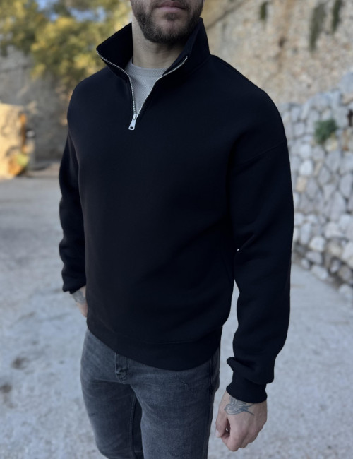 Ανδρικό μαύρο φούτερ με μισό φερμουάρ ES001M