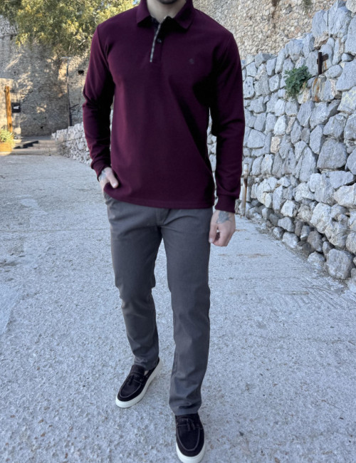 Everbest Ανδρική μπορντό Polo μακρυμάνικη μπλούζα Plus size 271044B