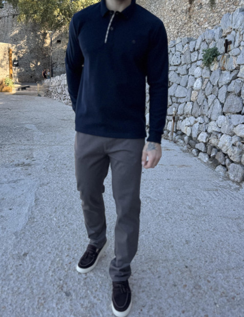 Everbest Ανδρική μπλε navy Polo μακρυμάνικη μπλούζα Plus size 271044Ν