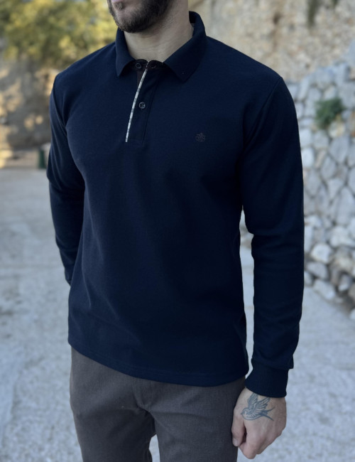 Everbest Ανδρική μπλε navy Polo μακρυμάνικη μπλούζα Plus size 271044Ν