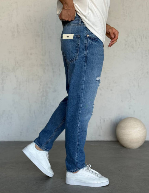 Ανδρικό μπλε ξεβαμμένο loose τζιν πεντάτσεπο με φθορές WE3011