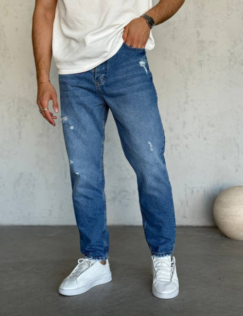 Ανδρικό μπλε ξεβαμμένο loose τζιν πεντάτσεπο με φθορές WE3011