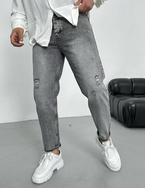 Ανδρικό γκρι ξεβαμμένο loose τζιν πεντάτσεπο με φθορές WE2390