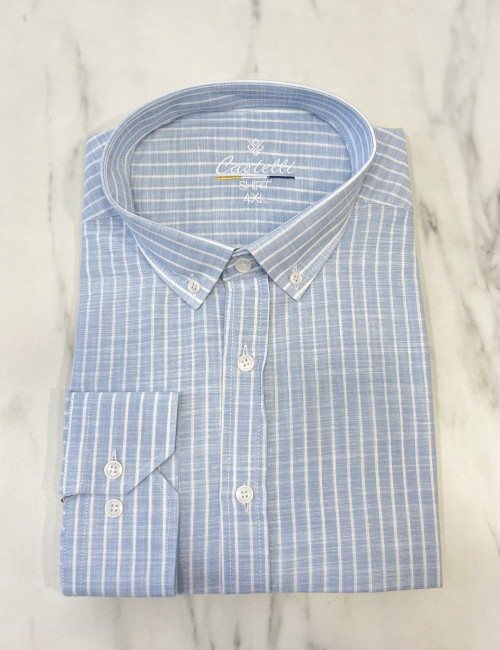 Ανδρικό σιέλ ριγέ πουκάμισο με γιακά CA2526