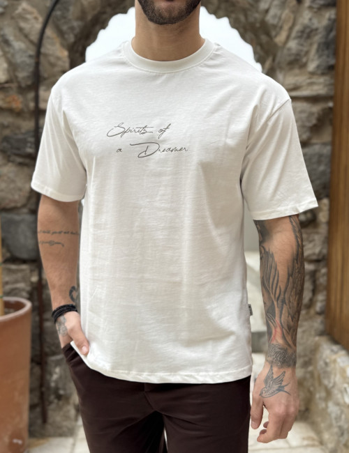 Ανδρική βαμβακερή λευκή κοντομάνικη Oversized μπλούζα με τύπωμα KEF2628