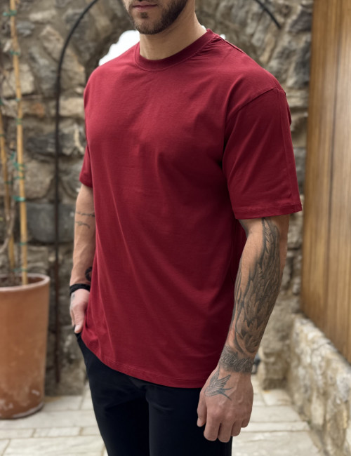 Ανδρική βαμβακερή κόκκινη κοντομάνικη Oversized μπλούζα KEF2622K