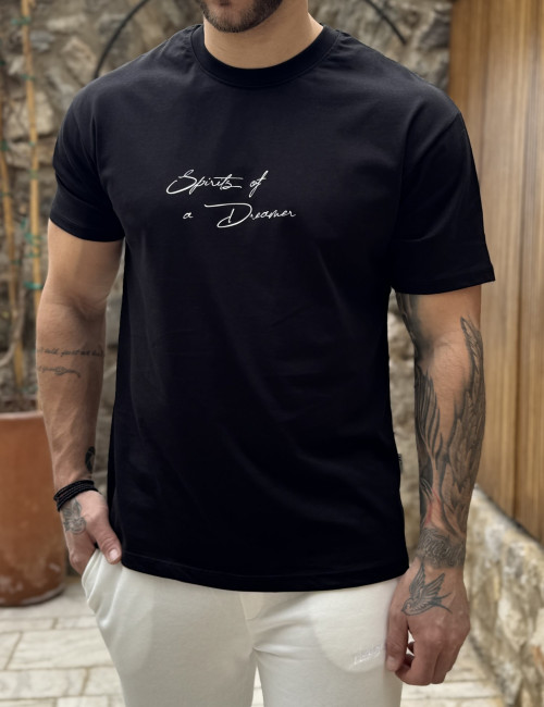 Ανδρική βαμβακερή μαύρη κοντομάνικη Oversized μπλούζα με τύπωμα KEF2628M