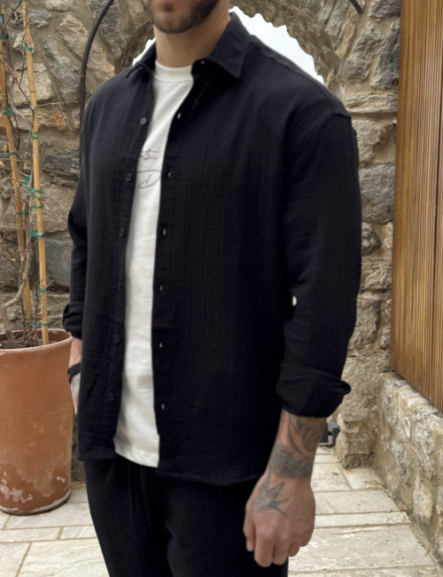 Ανδρικό μαύρο πουκάμισο με γιακά ES516