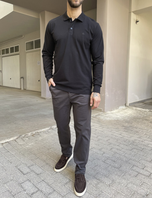 Everbest Ανδρική μαύρη πικέ Polo μακρυμάνικη μπλούζα Plus size 2610200M