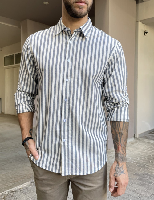 Ben Tailor ανδρικό βαμβακολινό μπλε ριγέ πουκάμισο με γιακά 1239B