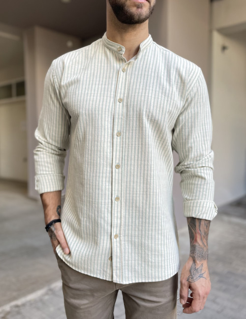 Ben Tailor ανδρικό βαμβακερό μέντα ριγέ πουκάμισο με μάο γιακά 1284M