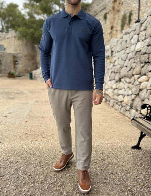 Everbest Ανδρική μπλε Indigo Polo μακρυμάνικη μπλούζα Plus size 271042I