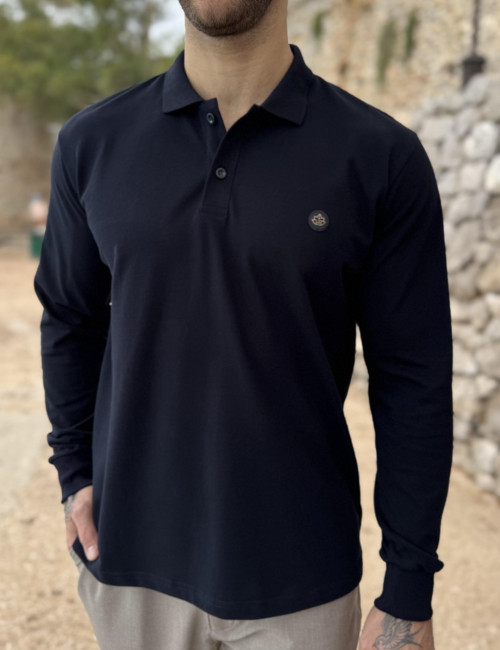 Everbest Ανδρική μπλε navy πικέ Polo μακρυμάνικη μπλούζα Plus size 271028