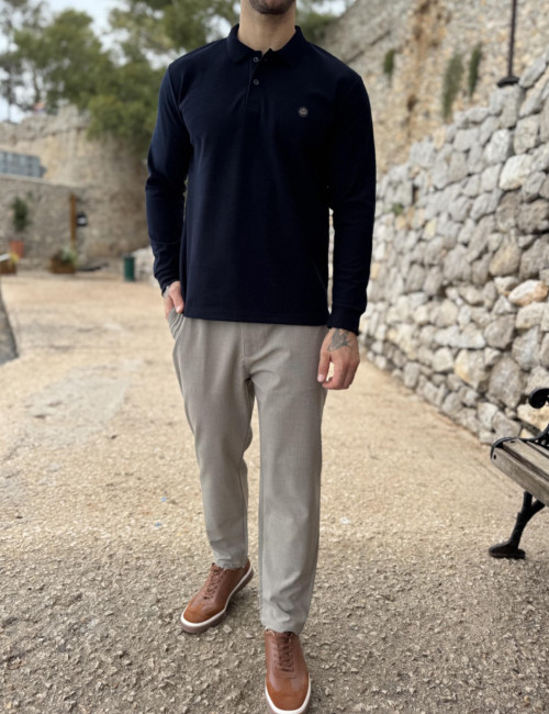 Everbest Ανδρική μπλε navy Polo μακρυμάνικη μπλούζα Plus size 271042Ν